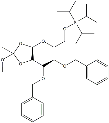 {[(3aR,6R)-6,7-bis(benzyloxy)-2-methoxy-2-methyl-hexahydro-[1,3]dioxolo[4,5-b]pyran-5-yl]methoxy}tris(propan-2-yl)silane Struktur