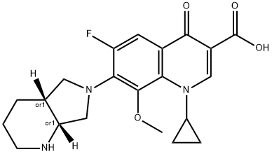 3-Quinolinecarboxylic acid, 1-cyclopropyl-6-fluoro-1,4-dihydro-8-Methoxy-7-[(4aR,7aR)-octahydro-6H-pyrrolo[3,4-b]pyridin-6-yl]-4-oxo-, rel- Struktur