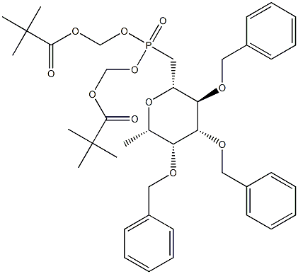 [({[(2,2-dimethylpropanoyl)oxy]methoxy}({[(2S,3S,4R,5R,6S)-3,4,5-tris(benzyloxy)-6-methyloxan-2-yl]methyl})phosphoryl)oxy]methyl 2,2-dimethylpropanoate Struktur