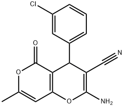 2-amino-4-(3-chlorophenyl)-7-methyl-5-oxo-4H,5H-pyrano[4,3-b]pyran-3-carbonitrile Struktur