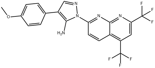 1H-Pyrazol-5-amine,1-[5,7-bis(trifluoromethyl)-1,8-naphthyridin-2-yl]-4-(4-methoxyphenyl)-(9CI) Struktur