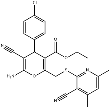 ethyl 6-amino-4-(4-chlorophenyl)-5-cyano-2-{[(3-cyano-4,6-dimethylpyridin-2-yl)sulfanyl]methyl}-4H-pyran-3-carboxylate Struktur