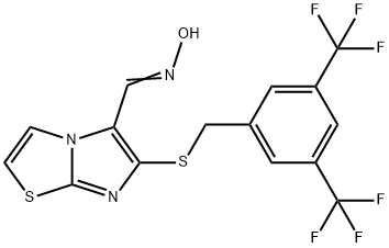 (E)-N-{[6-({[3,5-bis(trifluoromethyl)phenyl]methyl}sulfanyl)imidazo[2,1-b][1,3]thiazol-5-yl]methylidene}hydroxylamine Struktur