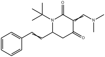 (3Z)-1-tert-butyl-3-[(dimethylamino)methylidene]-6-[(E)-2-phenylethenyl]piperidine-2,4-dione Struktur