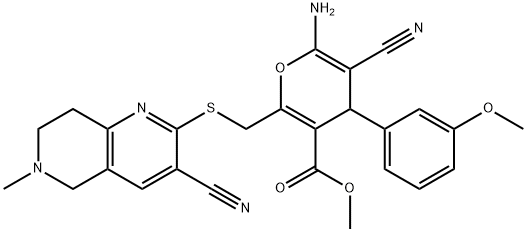 methyl 6-amino-5-cyano-2-{[(3-cyano-6-methyl-5,6,7,8-tetrahydro[1,6]naphthyridin-2-yl)sulfanyl]methyl}-4-(3-methoxyphenyl)-4H-pyran-3-carboxylate Struktur