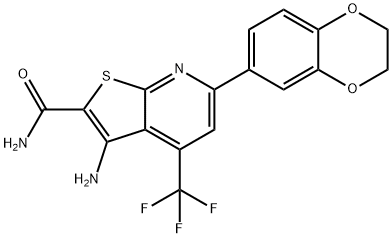 3-amino-6-(2,3-dihydro-1,4-benzodioxin-6-yl)-4-(trifluoromethyl)thieno[2,3-b]pyridine-2-carboxamide Struktur