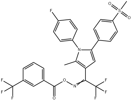 (Z)-{2,2,2-trifluoro-1-[1-(4-fluorophenyl)-5-(4-methanesulfonylphenyl)-2-methyl-1H-pyrrol-3-yl]ethylidene}amino 3-(trifluoromethyl)benzoate Struktur