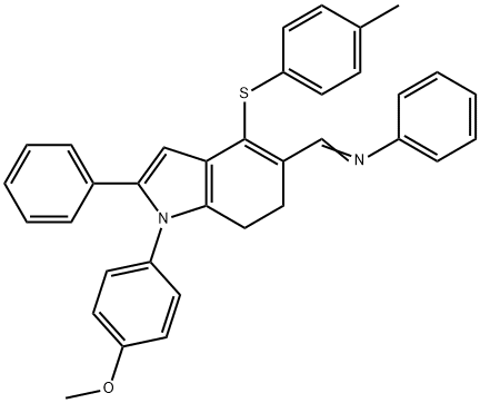 (1E)-1-[1-(4-methoxyphenyl)-4-[(4-methylphenyl)sulfanyl]-2-phenyl-6,7-dihydro-1H-indol-5-yl]-N-phenylmethanimine Struktur