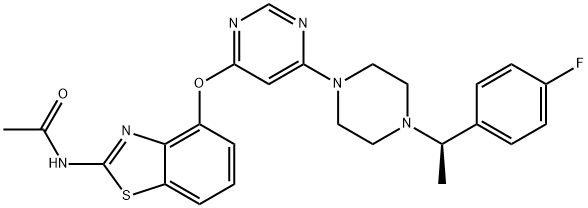 N-{4-[(6-{4-[(1R)-1-(4-fluorophenyl)ethyl]piperazin-1-yl}pyrimidin-4-yl)oxy]-1,3-benzothiazol-2-yl}acetamide Struktur