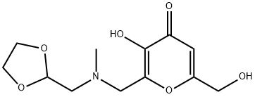 2-{[(1,3-dioxolan-2-ylmethyl)(methyl)amino]methyl}-3-hydroxy-6-(hydroxymethyl)-4H-pyran-4-one Struktur