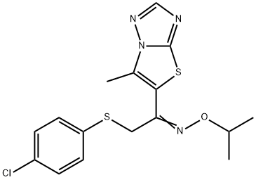 (E)-{2-[(4-chlorophenyl)sulfanyl]-1-{6-methyl-[1,2,4]triazolo[3,2-b][1,3]thiazol-5-yl}ethylidene}(propan-2-yloxy)amine Struktur