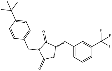 (5E)-3-[(4-tert-butylphenyl)methyl]-5-{[3-(trifluoromethyl)phenyl]methylidene}-1,3-thiazolidine-2,4-dione Struktur