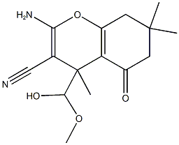 2-amino-4-[hydroxy(methoxy)methyl]-4,7,7-trimethyl-5-oxo-5,6,7,8-tetrahydro-4H-chromene-3-carbonitrile Struktur