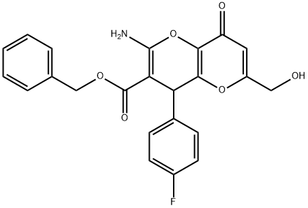 benzyl 2-amino-4-(4-fluorophenyl)-6-(hydroxymethyl)-8-oxo-4,8-dihydropyrano[3,2-b]pyran-3-carboxylate Struktur