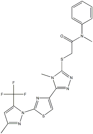 N-methyl-2-[(4-methyl-5-{2-[3-methyl-5-(trifluoromethyl)-1H-pyrazol-1-yl]-1,3-thiazol-4-yl}-4H-1,2,4-triazol-3-yl)sulfanyl]-N-phenylacetamide Struktur