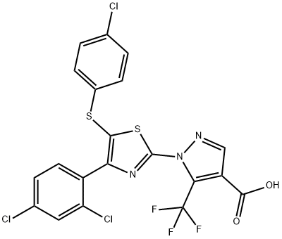 1-[5-[(4-chlorophenyl)sulfanyl]-4-(2,4-dichlorophenyl)-1,3-thiazol-2-yl]-5-(trifluoromethyl)-1H-pyrazole-4-carboxylic acid Struktur