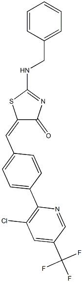 (5E)-2-(benzylamino)-5-({4-[3-chloro-5-(trifluoromethyl)pyridin-2-yl]phenyl}methylidene)-4,5-dihydro-1,3-thiazol-4-one Struktur