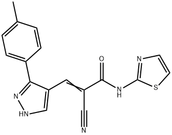 (E)-2-cyano-3-[5-(4-methylphenyl)-1H-pyrazol-4-yl]-N-(1,3-thiazol-2-yl)prop-2-enamide Struktur