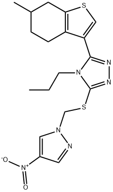 3-(6-methyl-4,5,6,7-tetrahydro-1-benzothiophen-3-yl)-5-[(4-nitropyrazol-1-yl)methylsulfanyl]-4-propyl-1,2,4-triazole Struktur