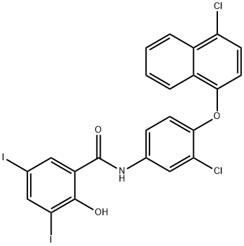 N-[3-chloro-4-(4-chloronaphthalen-1-yl)oxyphenyl]-2-hydroxy-3,5-diiodobenzamide Struktur