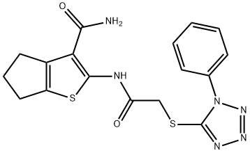 2-[[2-(1-phenyltetrazol-5-yl)sulfanylacetyl]amino]-5,6-dihydro-4H-cyclopenta[b]thiophene-3-carboxamide Struktur