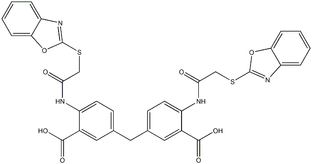 2-[[2-(1,3-benzoxazol-2-ylsulfanyl)acetyl]amino]-5-[[4-[[2-(1,3-benzoxazol-2-ylsulfanyl)acetyl]amino]-3-carboxyphenyl]methyl]benzoic acid Struktur