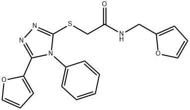 N-(furan-2-ylmethyl)-2-[[5-(furan-2-yl)-4-phenyl-1,2,4-triazol-3-yl]sulfanyl]acetamide Struktur