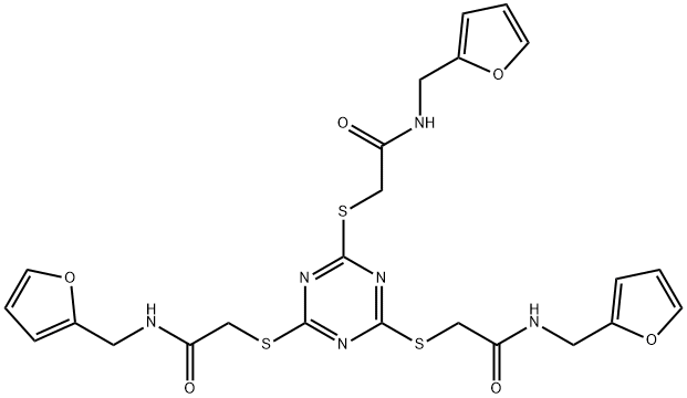 2-[[4,6-bis[[2-(furan-2-ylmethylamino)-2-oxoethyl]sulfanyl]-1,3,5-triazin-2-yl]sulfanyl]-N-(furan-2-ylmethyl)acetamide Struktur