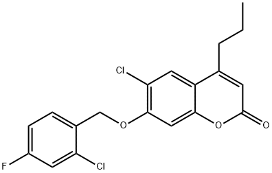 6-chloro-7-[(2-chloro-4-fluorophenyl)methoxy]-4-propylchromen-2-one Struktur