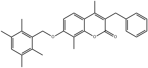 3-benzyl-4,8-dimethyl-7-[(2,3,5,6-tetramethylphenyl)methoxy]chromen-2-one Struktur