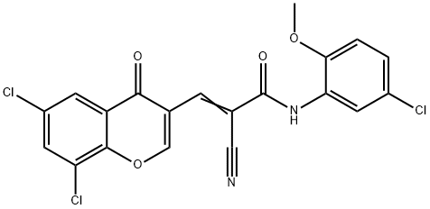 (E)-N-(5-chloro-2-methoxyphenyl)-2-cyano-3-(6,8-dichloro-4-oxochromen-3-yl)prop-2-enamide Struktur