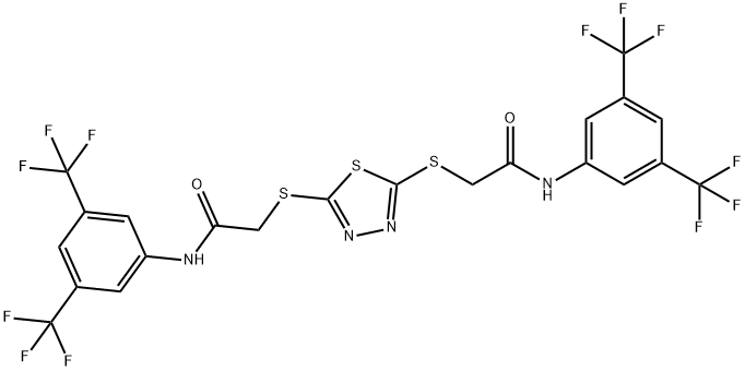 2-[[5-[2-[3,5-bis(trifluoromethyl)anilino]-2-oxoethyl]sulfanyl-1,3,4-thiadiazol-2-yl]sulfanyl]-N-[3,5-bis(trifluoromethyl)phenyl]acetamide Struktur