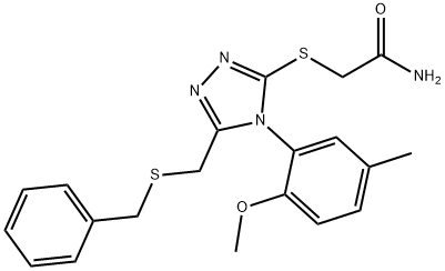 2-[[5-(benzylsulfanylmethyl)-4-(2-methoxy-5-methylphenyl)-1,2,4-triazol-3-yl]sulfanyl]acetamide Struktur