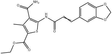 ethyl 5-[[(E)-3-(1,3-benzodioxol-5-yl)prop-2-enoyl]amino]-4-carbamoyl-3-methylthiophene-2-carboxylate Struktur