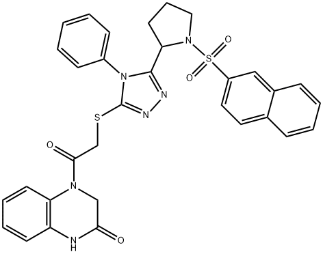 4-[2-[[5-(1-naphthalen-2-ylsulfonylpyrrolidin-2-yl)-4-phenyl-1,2,4-triazol-3-yl]sulfanyl]acetyl]-1,3-dihydroquinoxalin-2-one Struktur