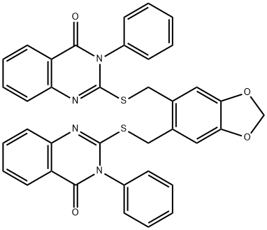 2-[[6-[(4-oxo-3-phenylquinazolin-2-yl)sulfanylmethyl]-1,3-benzodioxol-5-yl]methylsulfanyl]-3-phenylquinazolin-4-one Struktur