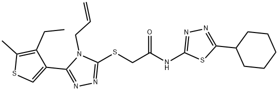 N-(5-cyclohexyl-1,3,4-thiadiazol-2-yl)-2-[[5-(4-ethyl-5-methylthiophen-3-yl)-4-prop-2-enyl-1,2,4-triazol-3-yl]sulfanyl]acetamide Struktur