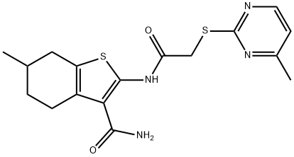 6-methyl-2-[[2-(4-methylpyrimidin-2-yl)sulfanylacetyl]amino]-4,5,6,7-tetrahydro-1-benzothiophene-3-carboxamide Struktur