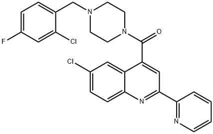 [4-[(2-chloro-4-fluorophenyl)methyl]piperazin-1-yl]-(6-chloro-2-pyridin-2-ylquinolin-4-yl)methanone Struktur