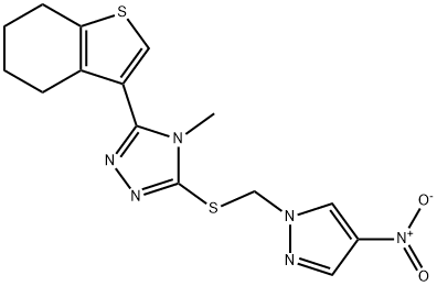 4-methyl-3-[(4-nitropyrazol-1-yl)methylsulfanyl]-5-(4,5,6,7-tetrahydro-1-benzothiophen-3-yl)-1,2,4-triazole Struktur