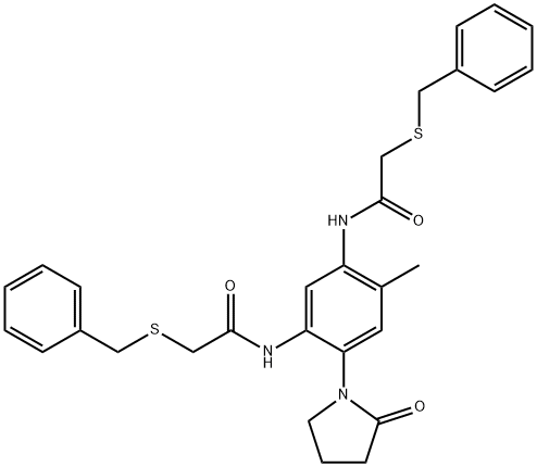 2-benzylsulfanyl-N-[5-[(2-benzylsulfanylacetyl)amino]-2-methyl-4-(2-oxopyrrolidin-1-yl)phenyl]acetamide Struktur