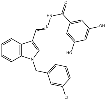 N-[(E)-[1-[(3-chlorophenyl)methyl]indol-3-yl]methylideneamino]-3,5-dihydroxybenzamide Struktur