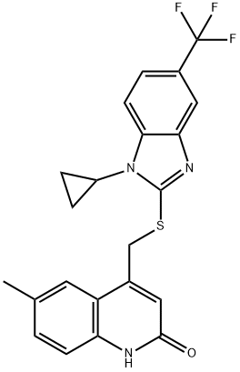 4-[[1-cyclopropyl-5-(trifluoromethyl)benzimidazol-2-yl]sulfanylmethyl]-6-methyl-1H-quinolin-2-one Struktur