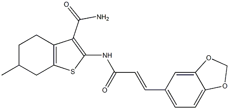 2-[[(E)-3-(1,3-benzodioxol-5-yl)prop-2-enoyl]amino]-6-methyl-4,5,6,7-tetrahydro-1-benzothiophene-3-carboxamide Struktur