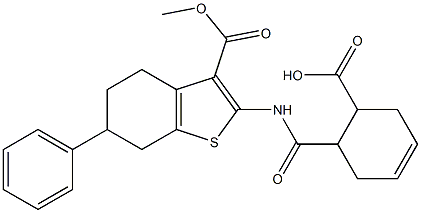 6-[(3-methoxycarbonyl-6-phenyl-4,5,6,7-tetrahydro-1-benzothiophen-2-yl)carbamoyl]cyclohex-3-ene-1-carboxylic acid Struktur