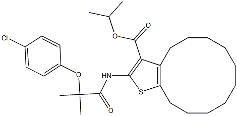 propan-2-yl 2-[[2-(4-chlorophenoxy)-2-methylpropanoyl]amino]-4,5,6,7,8,9,10,11,12,13-decahydrocyclododeca[b]thiophene-3-carboxylate Struktur