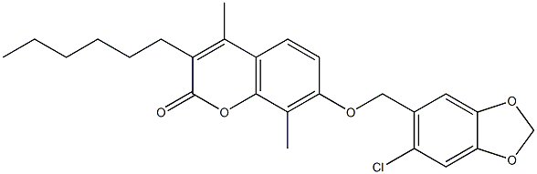 7-[(6-chloro-1,3-benzodioxol-5-yl)methoxy]-3-hexyl-4,8-dimethylchromen-2-one Struktur