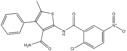 2-[(2-chloro-5-nitrobenzoyl)amino]-5-methyl-4-phenylthiophene-3-carboxamide Struktur