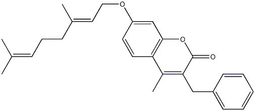 3-benzyl-7-[(2E)-3,7-dimethylocta-2,6-dienoxy]-4-methylchromen-2-one Struktur