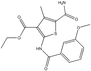 ethyl 5-carbamoyl-2-[(3-methoxybenzoyl)amino]-4-methylthiophene-3-carboxylate Struktur